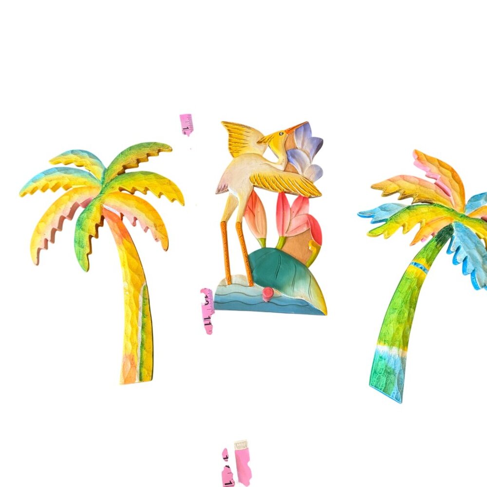 Hand-Painted Wooden Coastal Wall Decor - Flamingo & Palm Tree Set - Tropical The - Picture 5 of 6